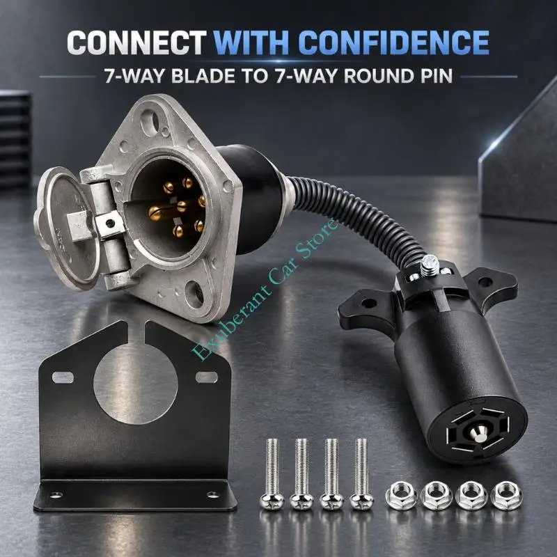7-Pin Round Trailer Socket Adapter with Short Wire Harness Metal Mounting Bracket Hardware Set for Fixed Socket Positioning