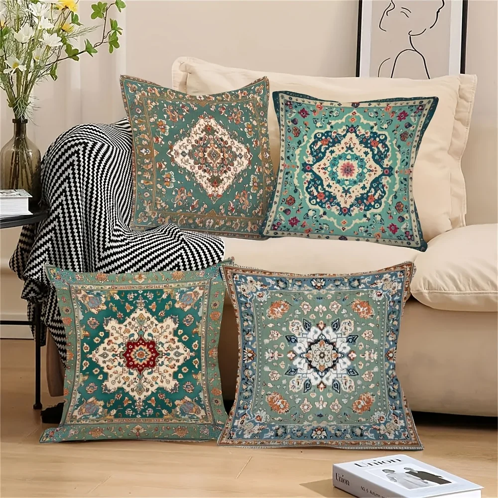 Premium Moroccan Boho Cushion Cover Set 4pcs Decorative Throw Pillow Cases Floral Mediterranean Tapestry Print 40x40cm Home Deco