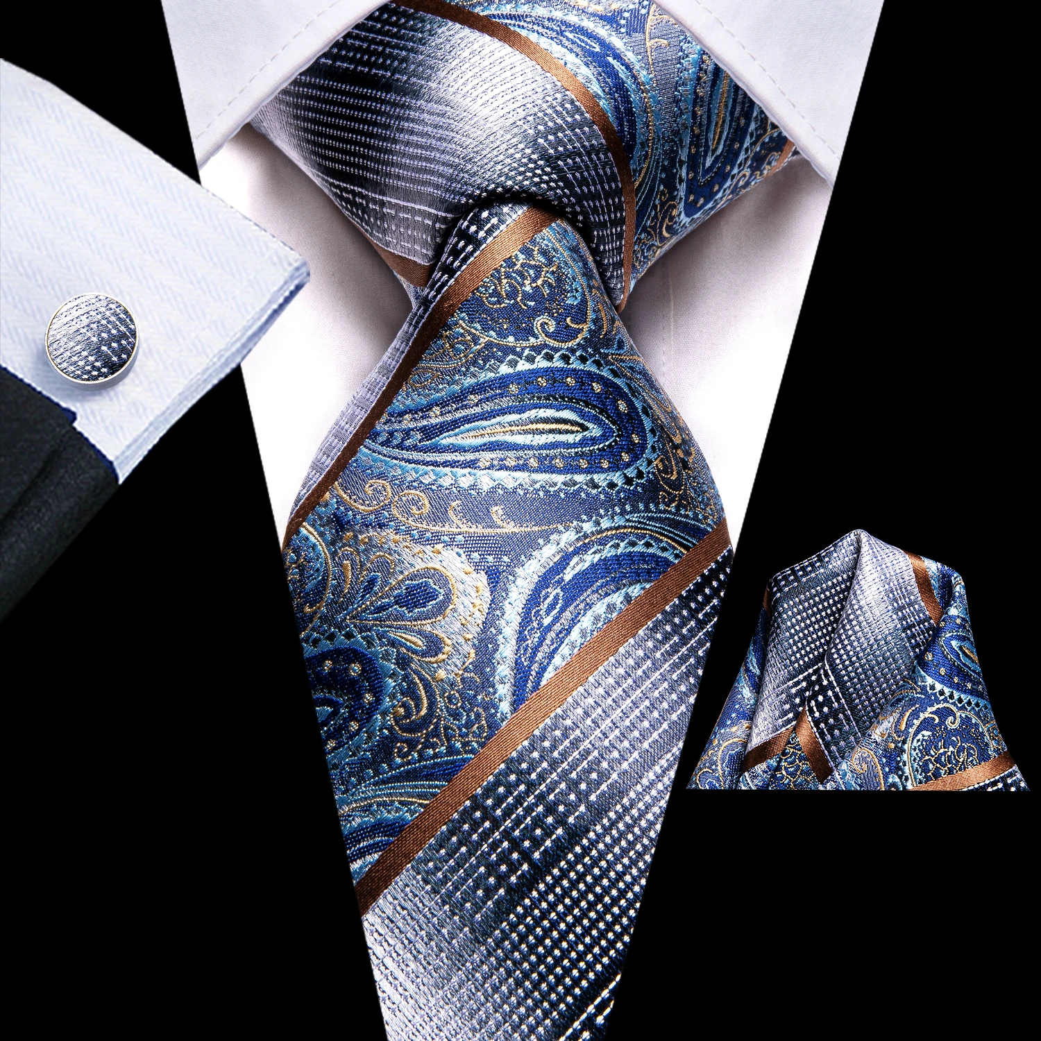 مرحبا التعادل رجل هدية التعادل مجموعة الأزرق الصلبة مخطط الحرير الزفاف التعادل للرجال تصميم الأزياء جودة التعادل المنديل أزرار أكمام مجموعة دروبشيبينغ #5