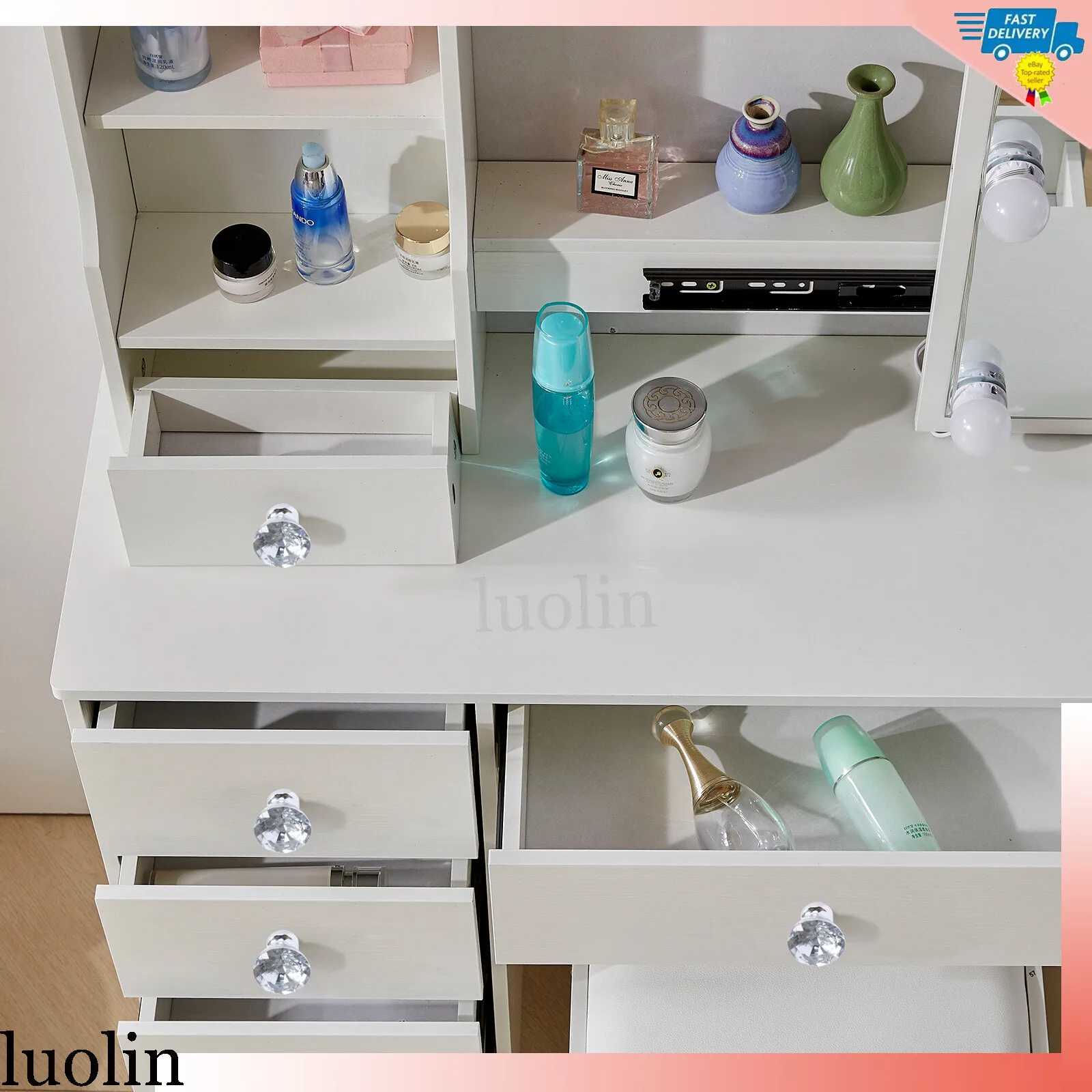 مجموعة أدوات مكتب مكياج ومرآة لطاولة الزينة مع أضواء LED باللون الأبيض