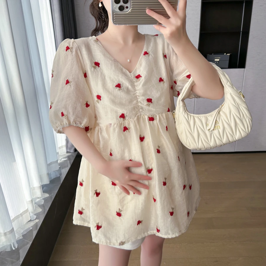 Summer Maternity Long Loose Top Puff Sleeve V-neck Drawstring High Waist Sweet Embroidery Pregnant Woman Ball Gown Shirt Blouses