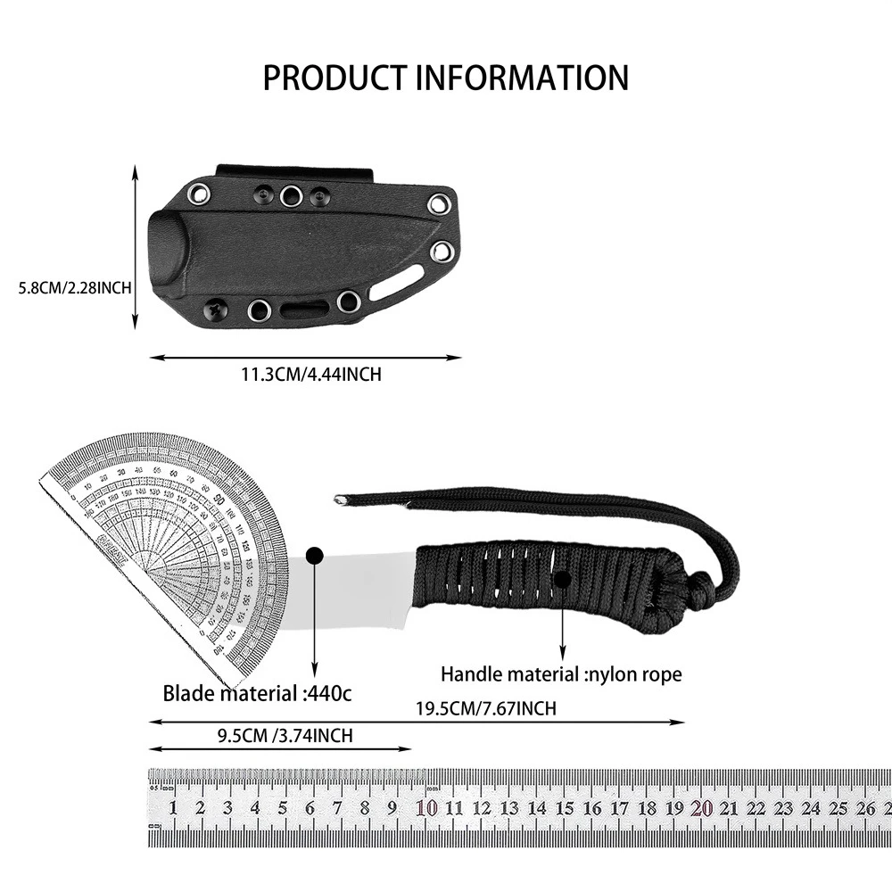 سكين نجاة ذو شفرة ثابتة - شفرة تانغ كاملة من الفولاذ المقاوم للصدأ 440C مع مقبض سلك نايلون وغمد تكتيكي للقطع في الهواء الطلق