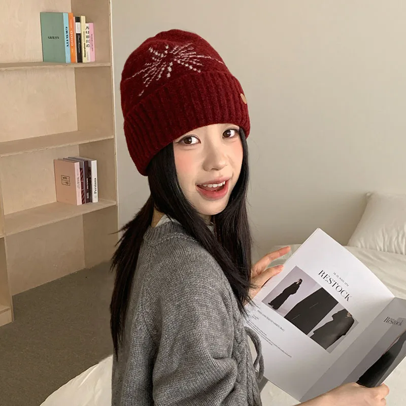 

New Women Winter Hat Fashion Wool Knitted Decorate Beanie Hat Warm Winter Cap for Female Casual Christmas All-Match Hat