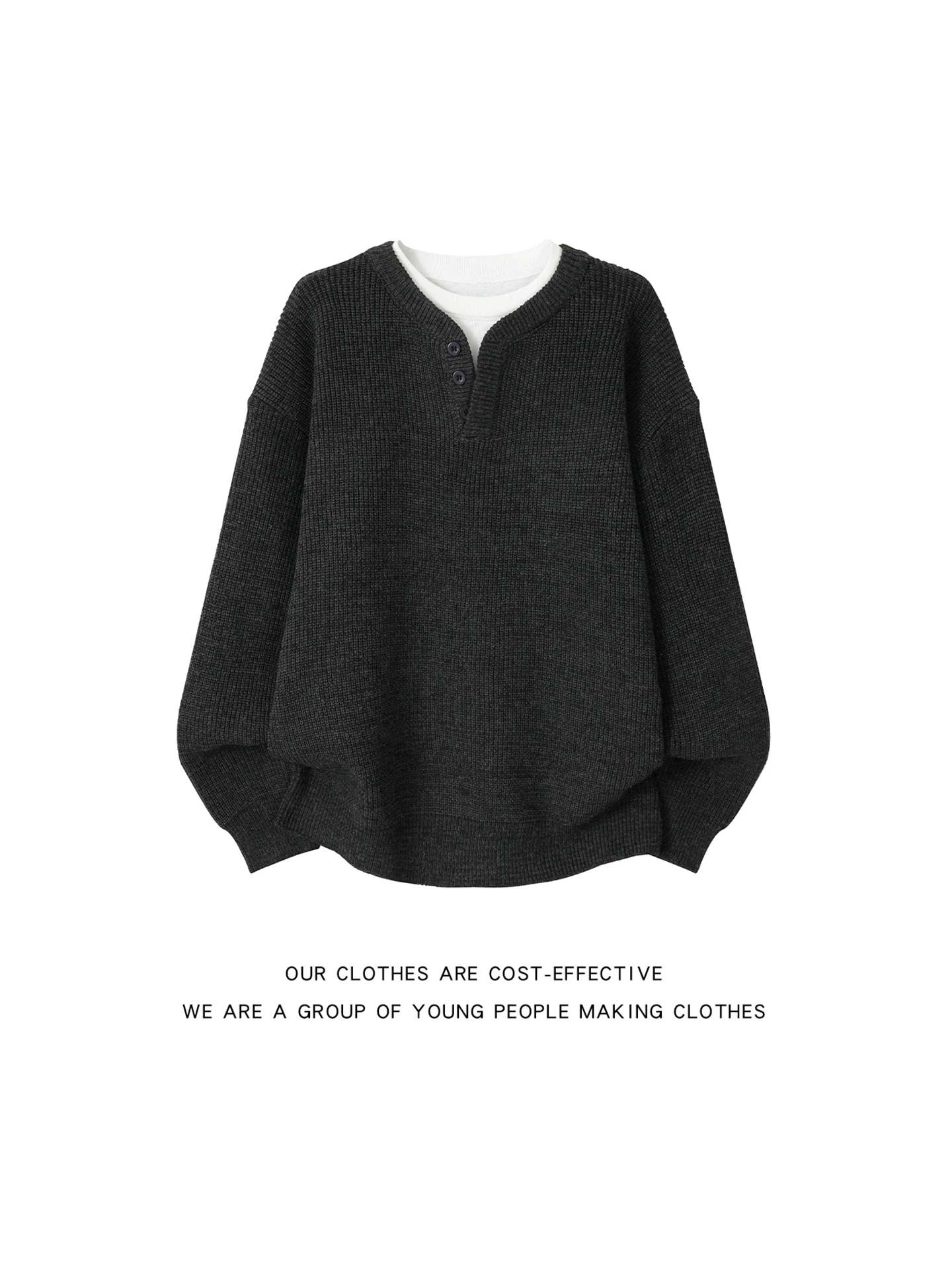 Henry V-Neck Knitted Sweater Men's Loose Fit Autumn Winter Korean Style Fake Two-Piece Long Sleeve Warm Casual Fashion