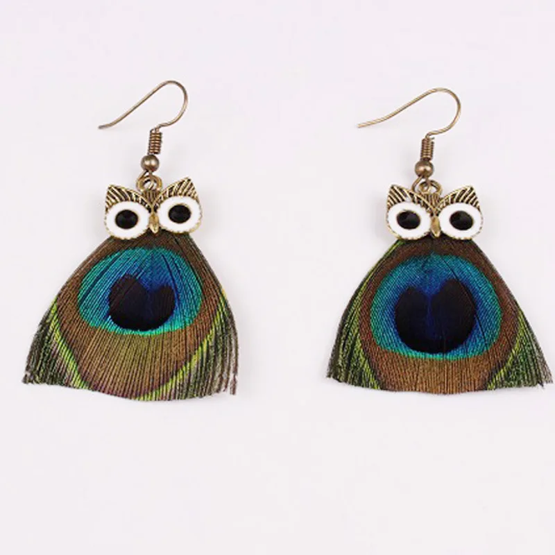 2 Pcs Fashion Creative Owl Peacock Feather Personality Colorful Dangle Earrings Women Party Gift Jewelry