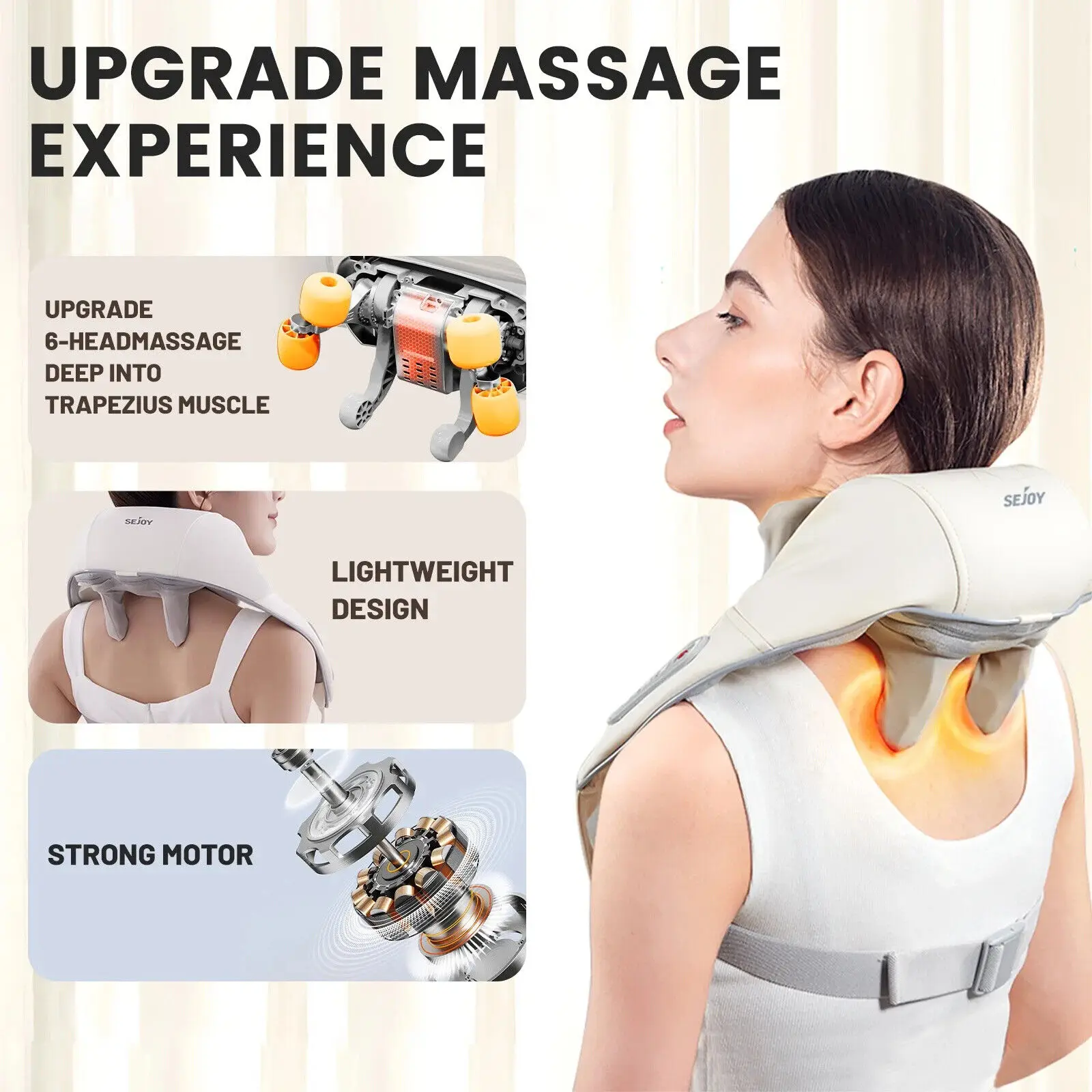 Sejoy Rechargable Neck Massager with Heat Air Compression Wireless Circulation Massage Electric Shiatsu Neck Shoulder Massager