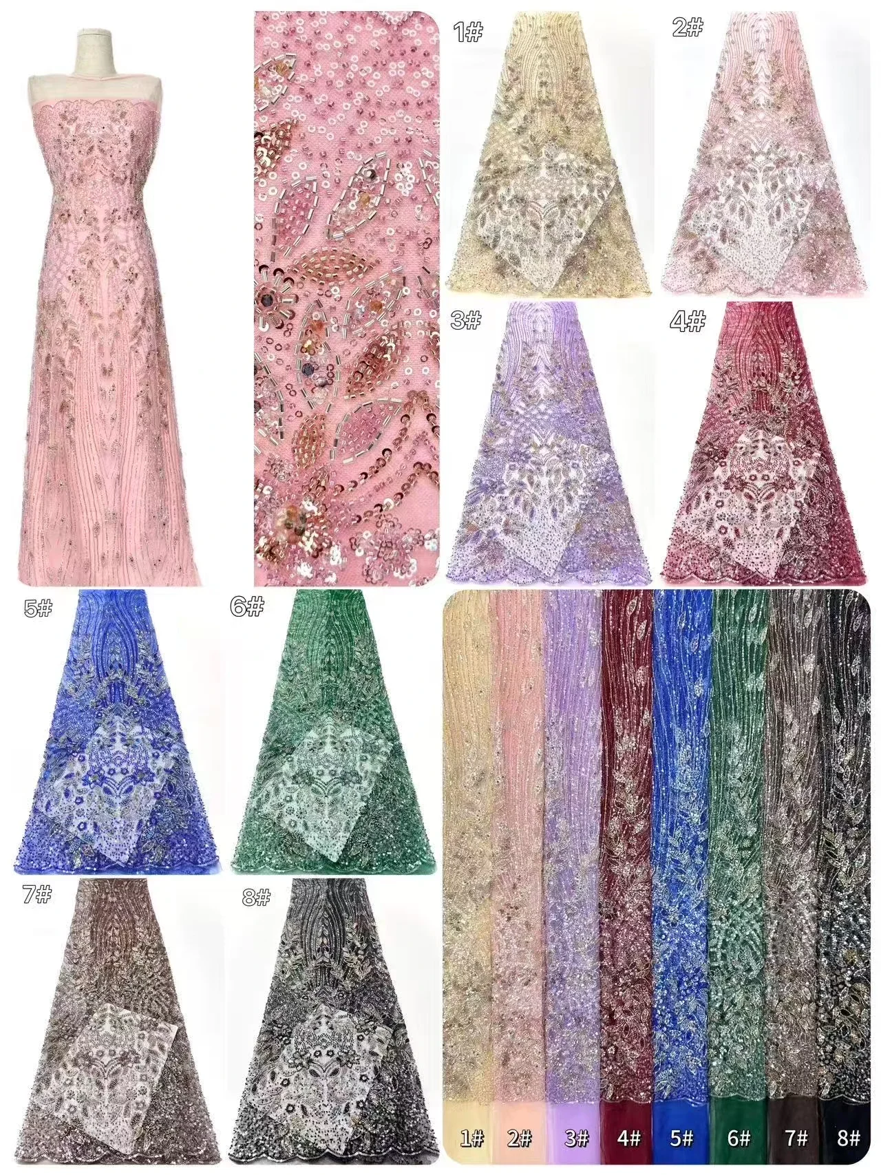 Tela de encaje de tul con cuentas africanas marrones, tela de encaje de lentejuelas nigerianas de alta calidad, Ideal para vestidos de fiesta y vestidos de boda 2036