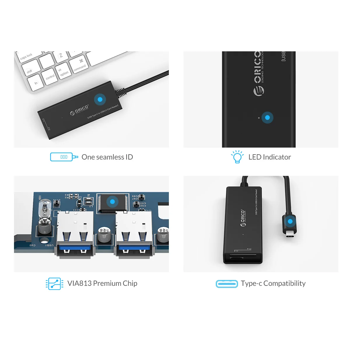 قارئ بطاقة ORICO للتصوير الفوتوغرافي ، قارئ البطاقات ، Type-C ، 4 منافذ ، USB ، SD ، TF ، 5Gbps ، Transfer