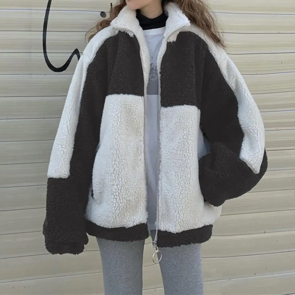 Women Winter Coat Contrast Color Plush Thicken Long Sleeves Keep Warm Hip Hop Dark Style Stand Collar Lady Coat for Outdoor