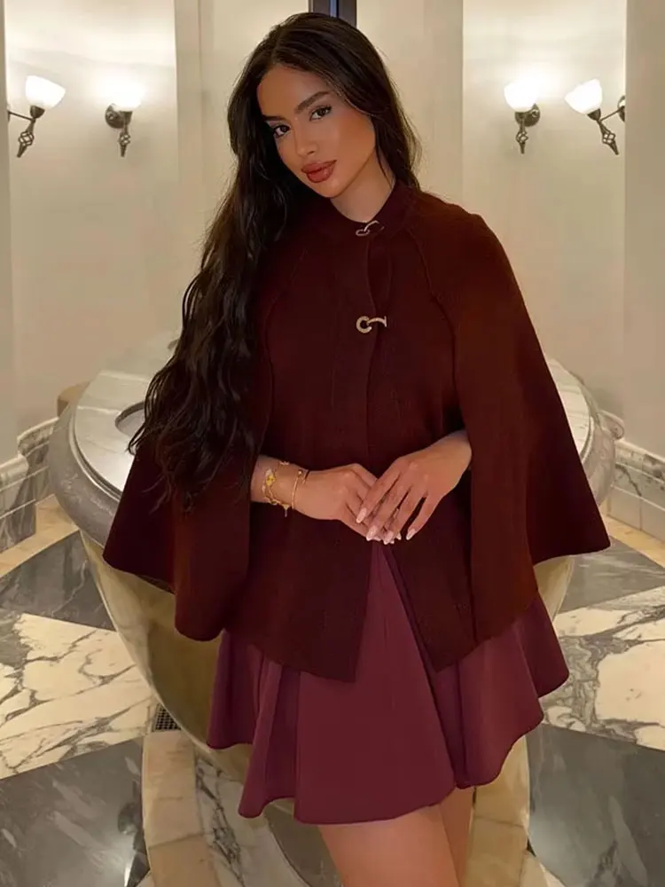 HH Female Elegant Cape Style Jacket Dark Gray O-Neck Long Sleeve Metal Button Knitted Tops Autumn Coats Woman 2024 Trendy