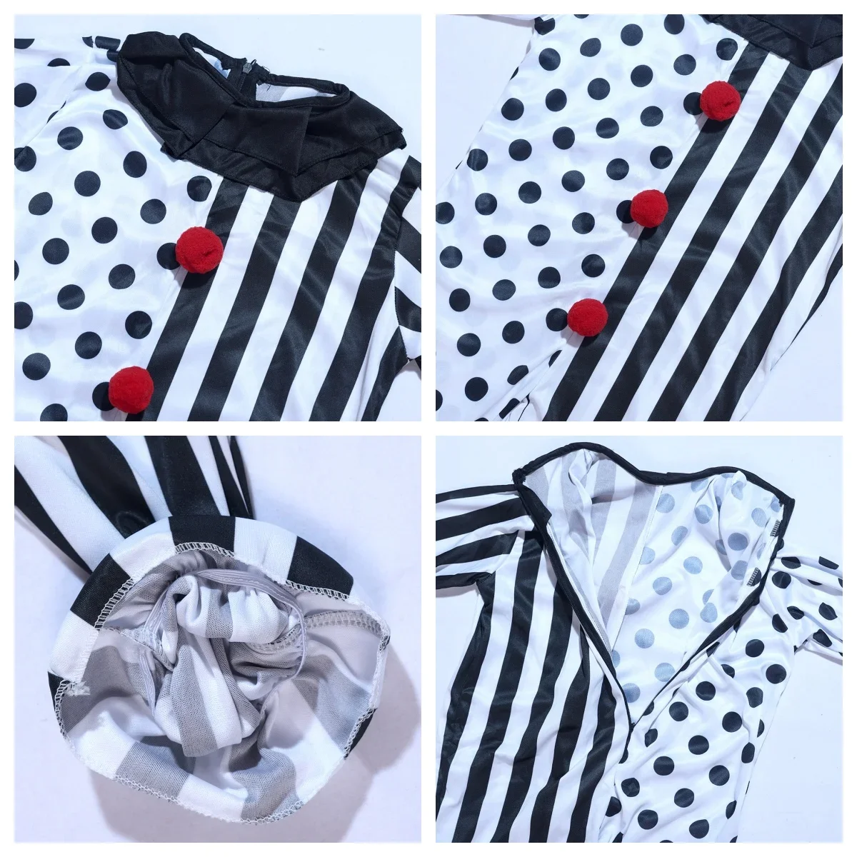 Halloween-Kostüm für Erwachsene: Horror-Clown-Overall, schwarz-weiß, mit Punkten und Streifen, Patchwork-Design, Clown-Kostüm, Cosplay-Outfit für Partys. – Detail 11
