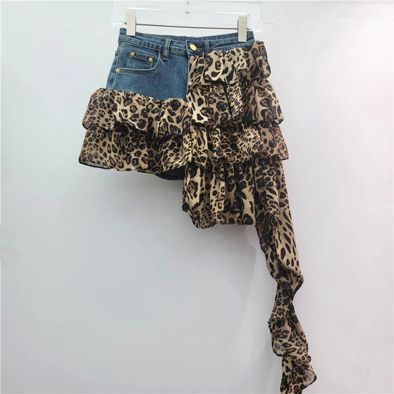 American Retro Leopard Print Skirt, Women's Summer Irregular Splicing Spice Girl Elastic Denim Cake Skirt, Short Jupe Femme