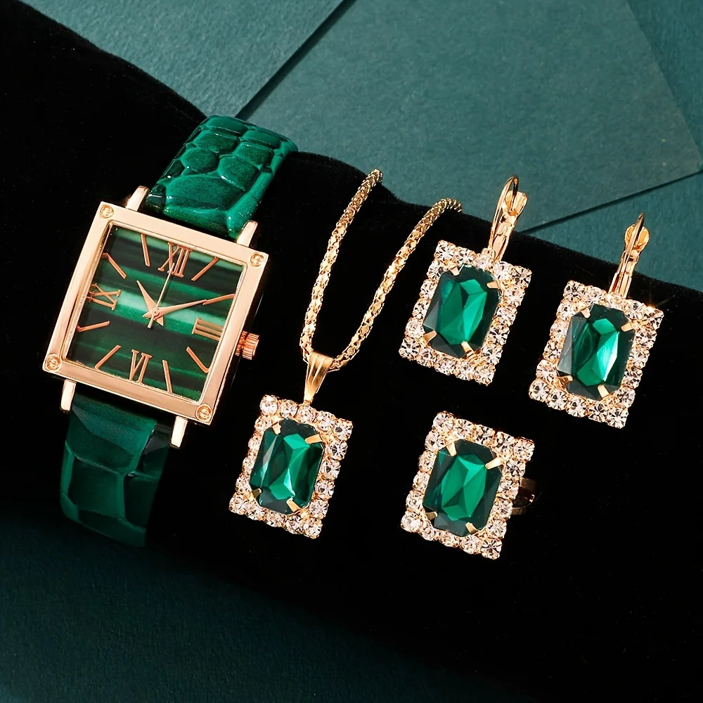 5pcs/set Women\'s Watch Vintage Square Pointer Quartz Watch Analog Green Wrist Watch & Rhinestone Jewelry Set, Gift For Mom Her