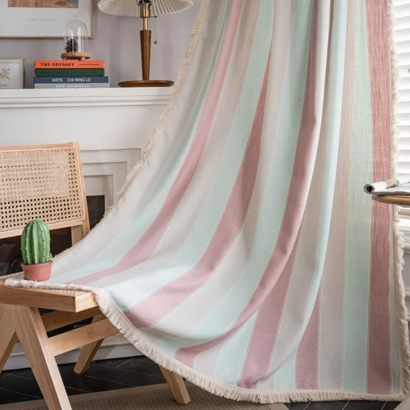Linen Curtain Panels with Green Tassels Thermal Insulated Boho Window Drapes Christmas Living Bedroom Decors
