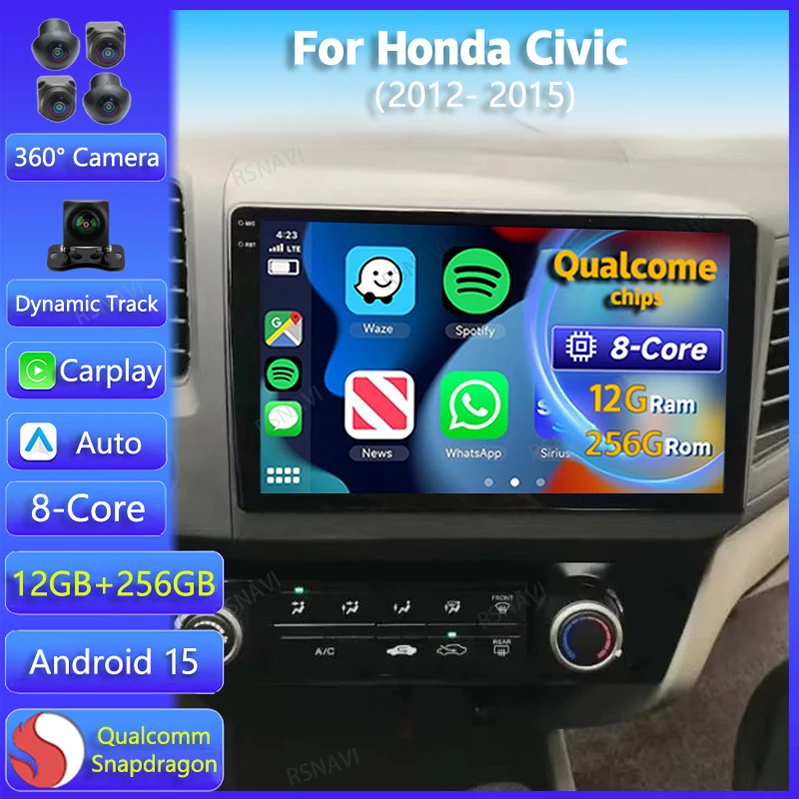 Android 15 For Honda Civic 2012 2013 - 2015 Car Radio Navigation Multimedia Player WIFI+4G BT DSP wireless Carplay Auto 2din GPS