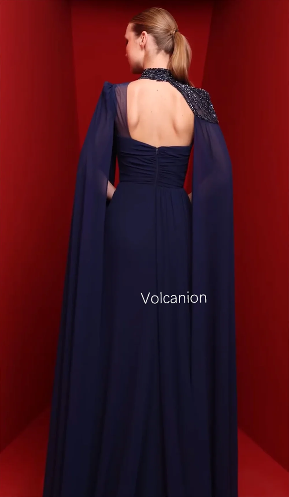 Customized Chiffon Pleat A-line High Collar Long Dresses Bespoke Occasion Cocktail Exquisite Fashion Matching