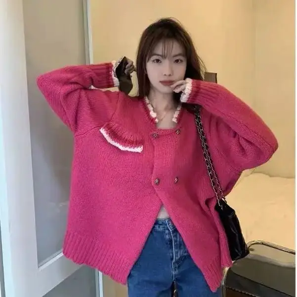 

Korea Early Spring Retro Rose Red Sweater Jacket Women Autumn Winter New Design Niche Knitted Cardigan Top