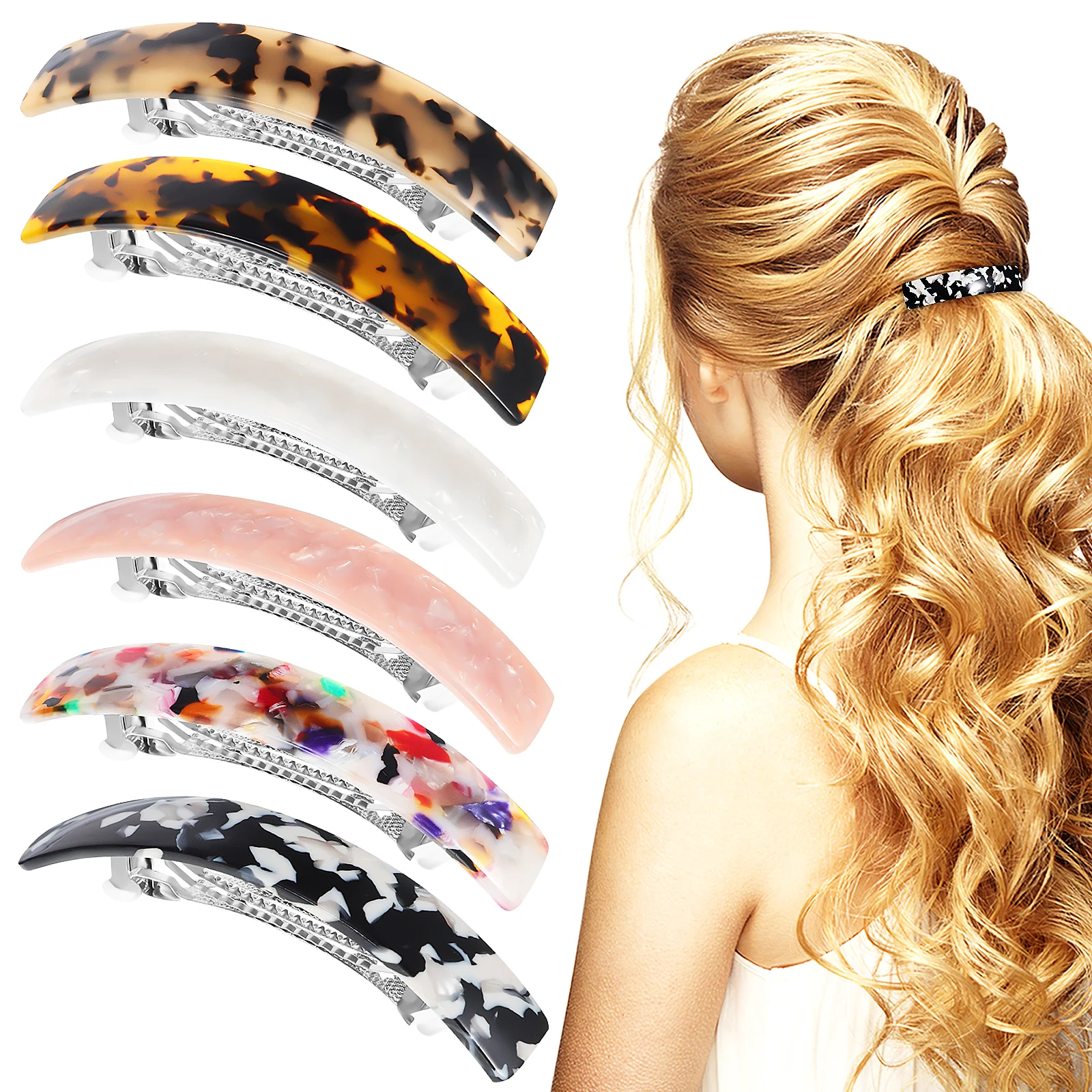 

6 Pcs Spring Clips Acetate Hair Accessories White Brown Vintage Durable Comfortable Women Girls Long Hair Barrettes