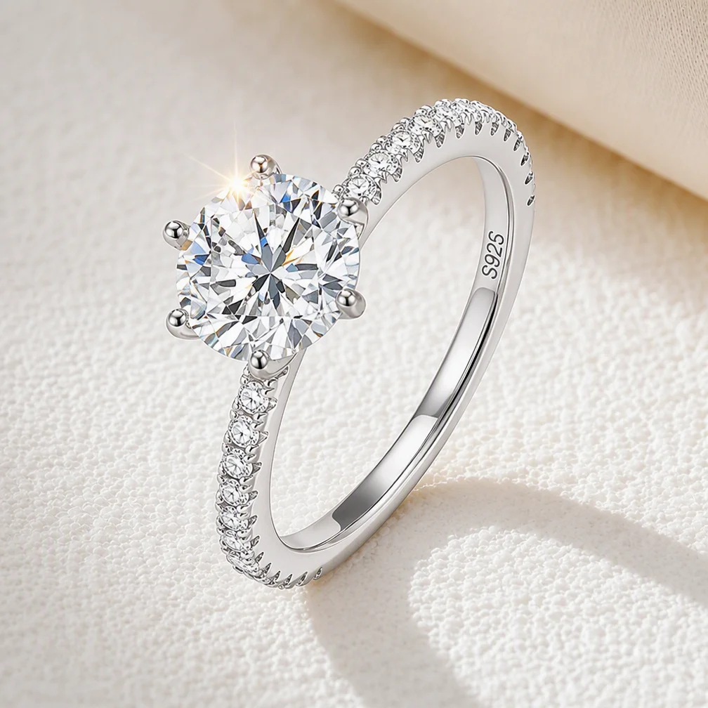 925 Sterling Silver Rhodium Plated 1CT Round Moissanite Six Prong Solitaire Thin Band Engagement Ring Wedding Promise Jewelry