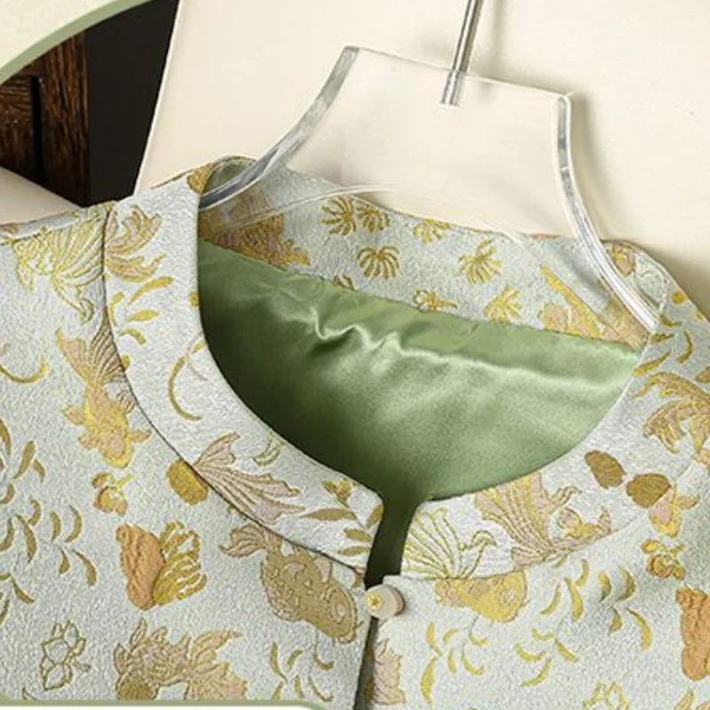 Chinese stijl vest jacquard vest dames lente herfst zijde mouwloos opstaande kraag enkele rij knopen vrouwelijke vestjas