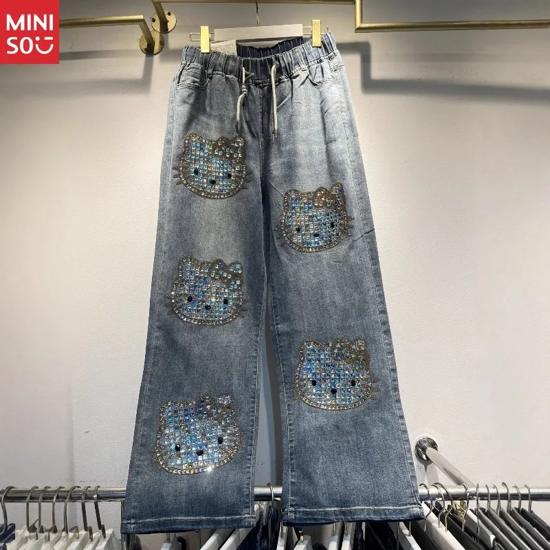 

Miniso Full Crystal Rhinestone Heavy Duty Hotfix Denim Pants Women High Waist Slimming Wide Leg 2025 Fall Winter Trousers