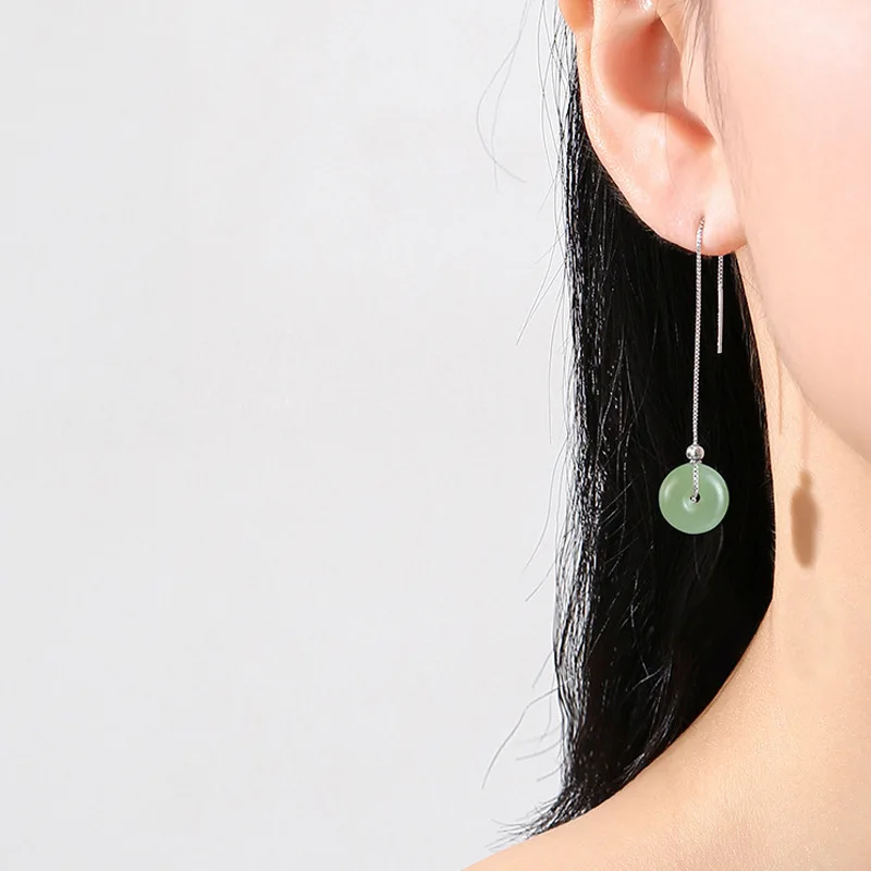 2023 New Hetian Jade Peace Buckle Long Dangle Earrings Women Classical Tassel Round Bead Chain Earring Luxury Jewelry Pendientes