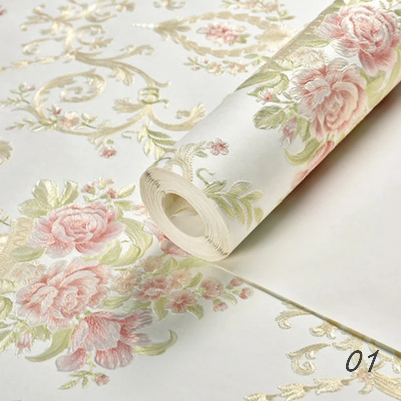 

53x100cm 3D Floral Printed Non-Woven Wallpaper European Style Self Adhesive Waterpoof Stickers Home Livingroom Wall Decoration