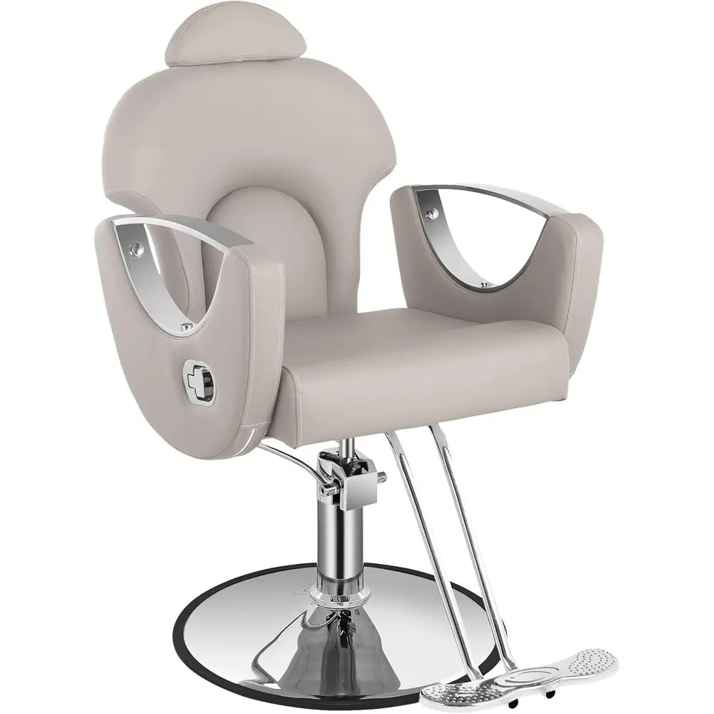 Heavy Duty Hydraulic Reclining Chair for Hair Stylists, 360° Swivel, Grey Silver