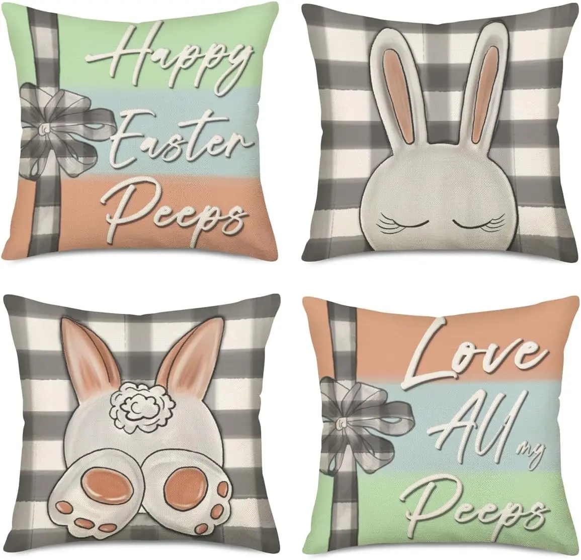 Juego de fundas de almohada Happy Easter Peeps, 4 cojines decorativos de granja con lazo a cuadros de búfalo gris, conejo, Love All My Peeps