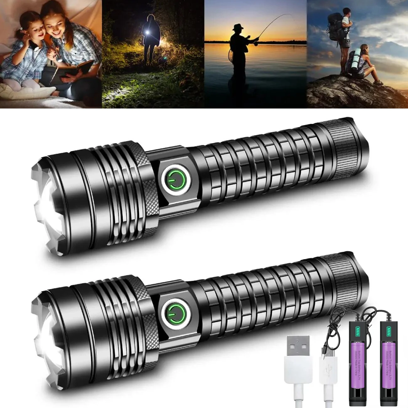 

Skyewolfeye 2pcs Super Bright LED Flashlight Waterproof Torch Lamp with 2 Single Slot Charger for Hiking