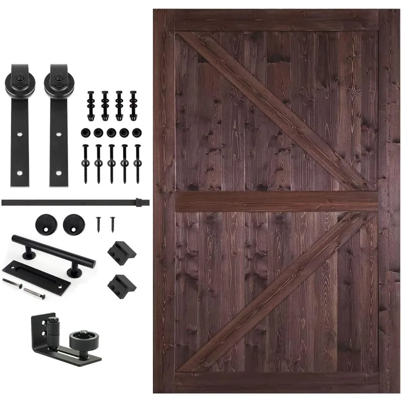 54 in. x 84 in.British Brace Knotty Barn Door with 10FT Sliding Door Hardware Kit/Double -Sided Door Handle/Solid Wood/Sliding