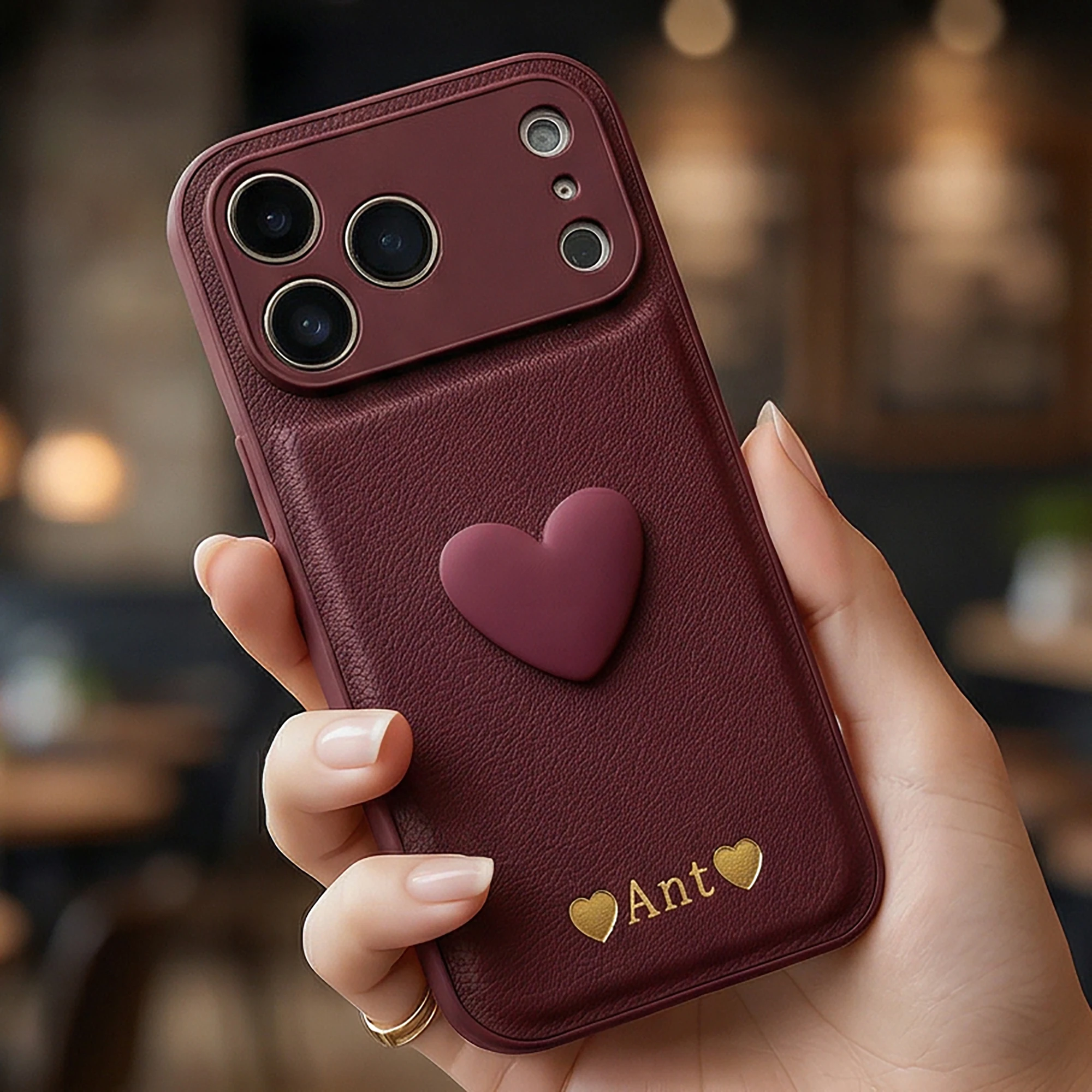 Personalisierte Hülle für iPhone 17 16 15 14 13 Pro Max Plus Air Benutzerdefinierter Name Heißfolienprägung Gravierte Buchstaben Schutzhülle 3D Herz – Detail 3