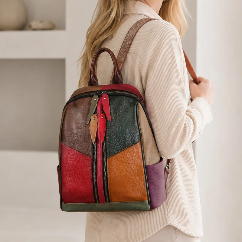 Mochila de Cuero Genuino para Mujer, Estilo Patchwork, Bolsos de Hombro de Cuero Vacuno Real, Mochila de Viaje de Moda para Mujer, Nueva Colección 2026