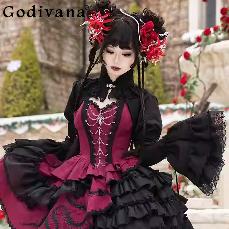 

Spring Autumn New Chinese Gothic Lace Flare Sleeve Short Jacket Fashion Girl Temperament Stand-up Collar Dark Lace-up Shirt