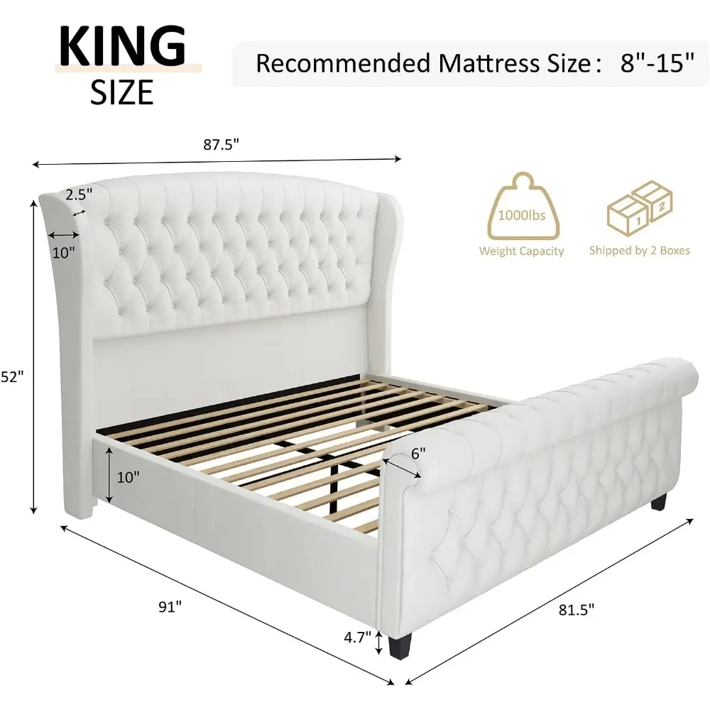 King Size Platform Bed Frame Chenille Upholstered Sleigh Bed with Scroll Wing Back Headboard & Foot Board Button Tufted Cream