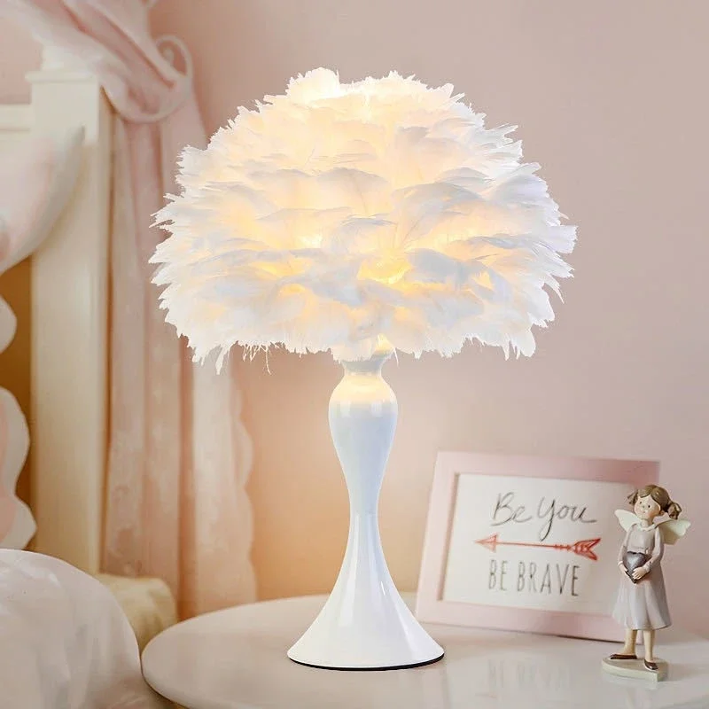 ABEL Modern Table Lamp LED Creative Design Fashion White Feather Desk Light for Home Living Room Girl‘s Bedroom Bedside Decor