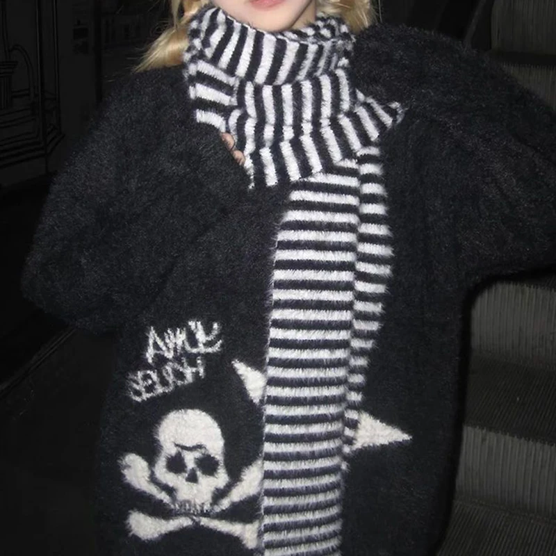 Winter Y2k Clothes Gothic Skulls Sweater Grunge Aesthetics Knitted Jumper V-neck Harajuku Loose Mohair Pullover Emo Knitwear - Image 4