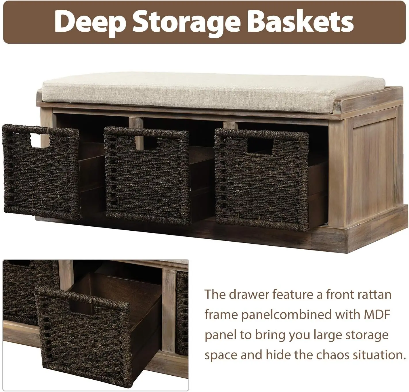 Harper&Bright Designs Rustic Storage Bench 3 Removable Baskets, Shoe Bench Removable Cushion (White)