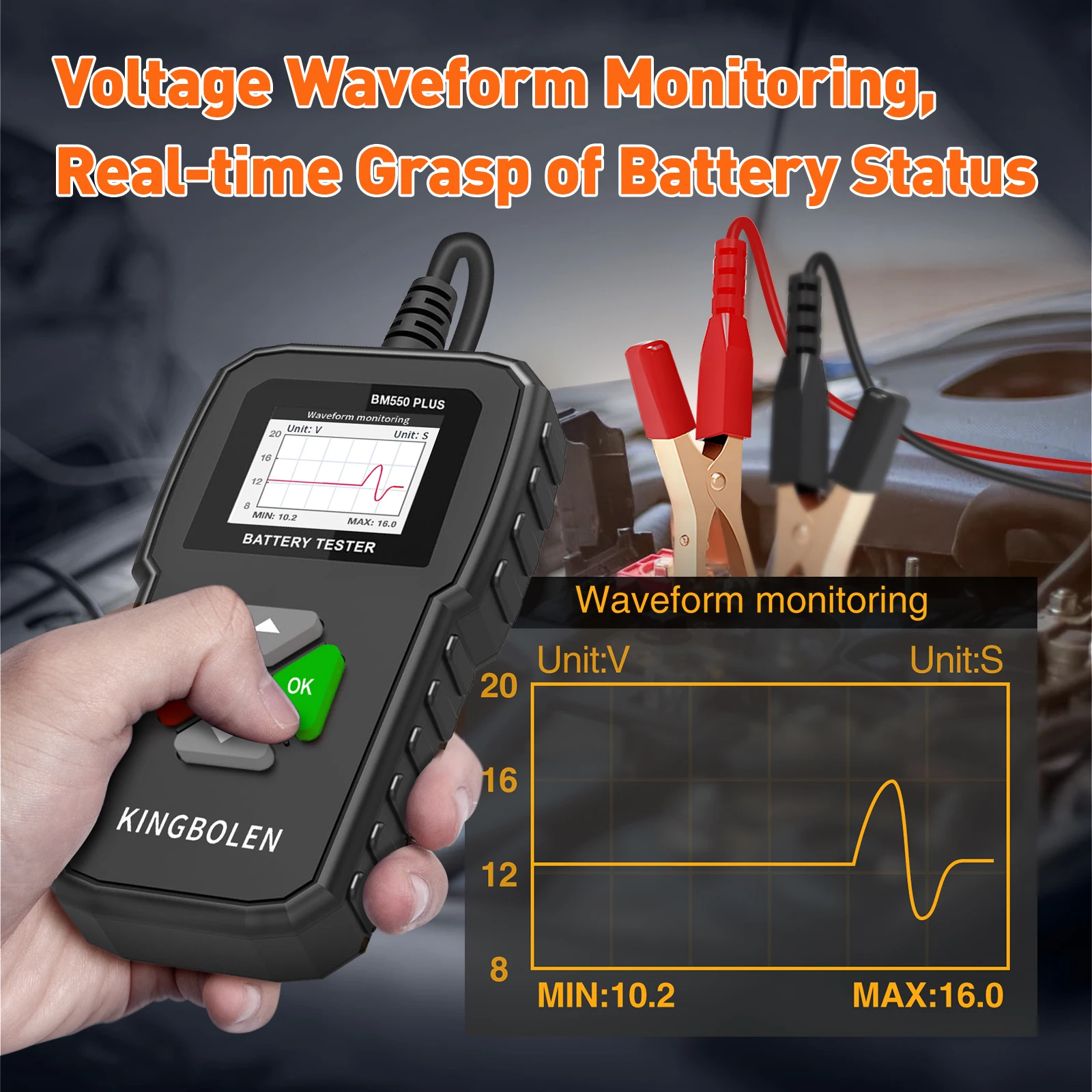 KINGBOLEN BM550 PLUS Car Battery Tester 6V 12V 24V CCA SOC Waveform Test Color Screen Auto Battery System Detect Analyzer Tools