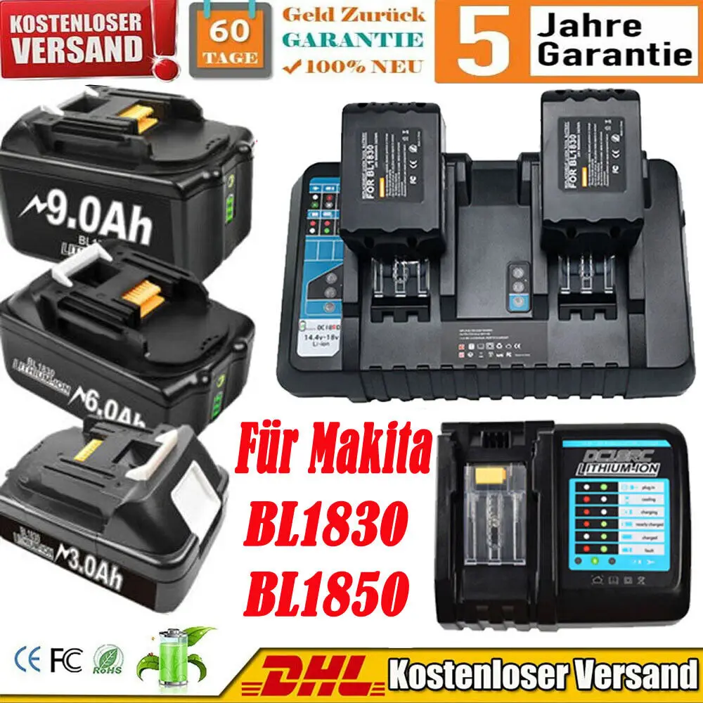 BL1830 18V 3.0AH 6.0AH 9.0AH for Makita BL1860 BL1840 BL1850 BL1815 BL1820 Cordless Power Tools Series Double Diaper & Battery