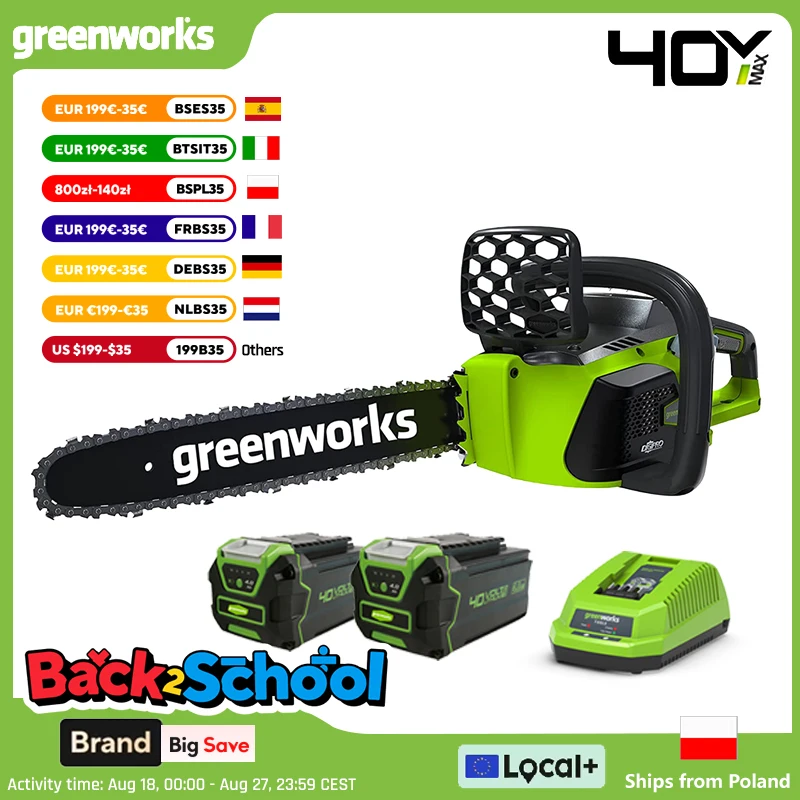 Greenworks-Tronçonneuse à moteur sans balais, 40V, 12 m/s, chaîne de chaîne de 16 pouces, chaîne de scie en carbone, batterie 4Ah, ensemble de chlore, originale, 2 pièces