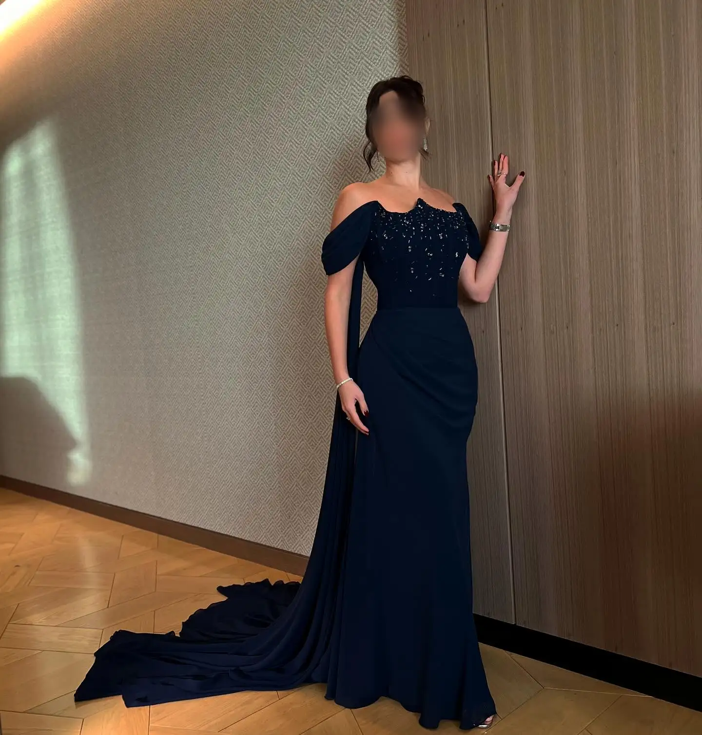 

Enchant Customized Sexy Off-the-shoulder Prom Gown Navy Blue Beaded Party Evening Dress Floor-length Special Occasion Dresses