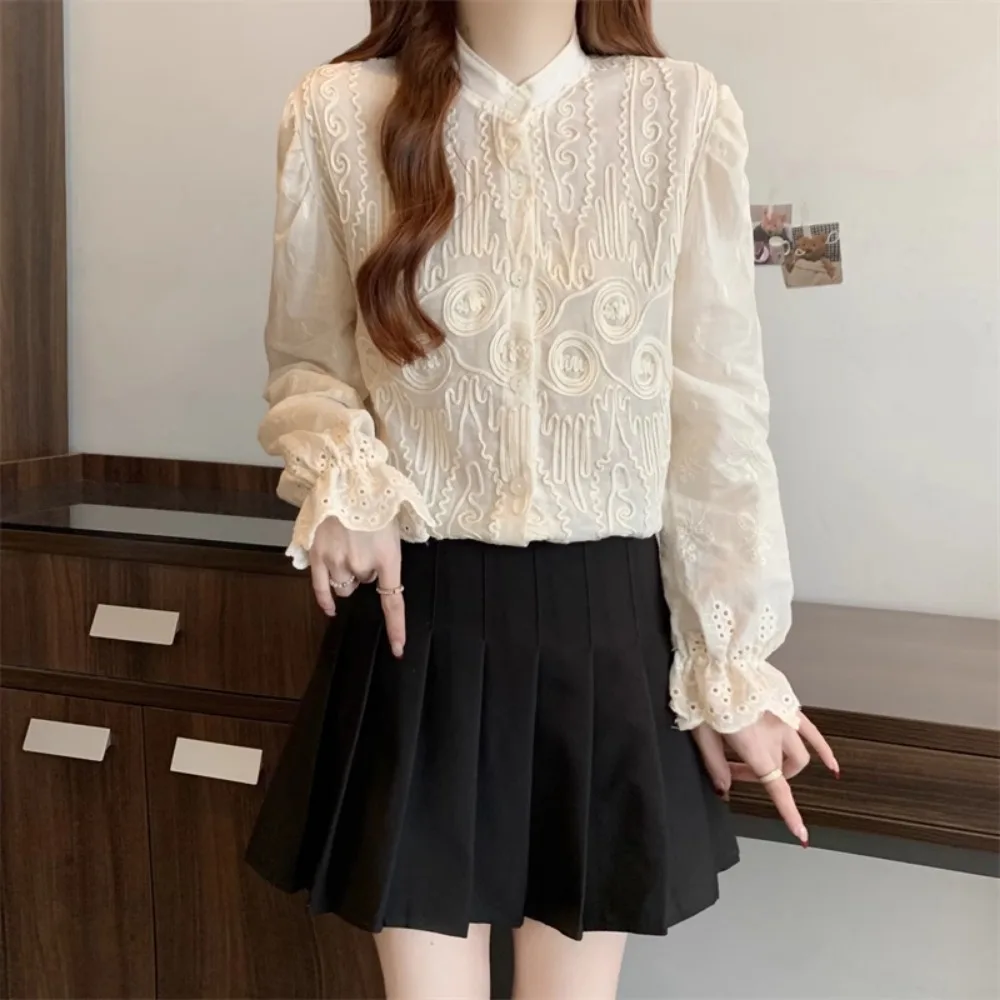 Vintage doux lourd décontracté à manches longues femmes chemise broderie printemps nouveau tout-match Blusas chemises littéraires exquises