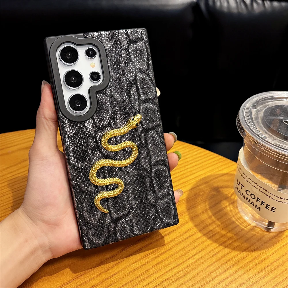 

S25Ultra Fashion Leather Pattern 3D Diamond Snake Case For Samsung Galaxy S25 S24 Plus S23 S22 Ultra Silicone Protection Cover