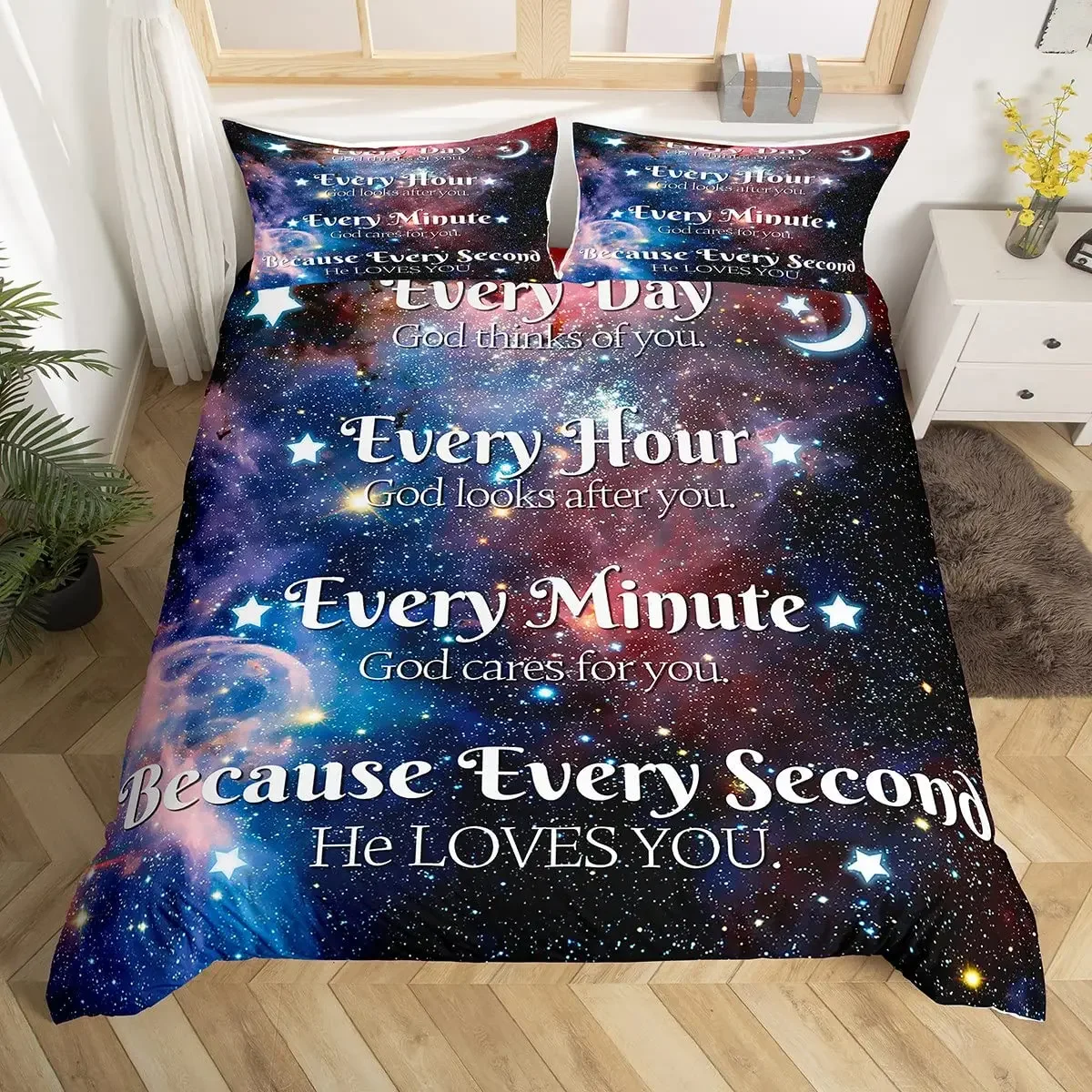 Healing Duvet Cover Set Starry Sky Galaxy Butterfly Inspirational Thoughts Prayers Bedding Sets,Positive Energy Comforter Cover