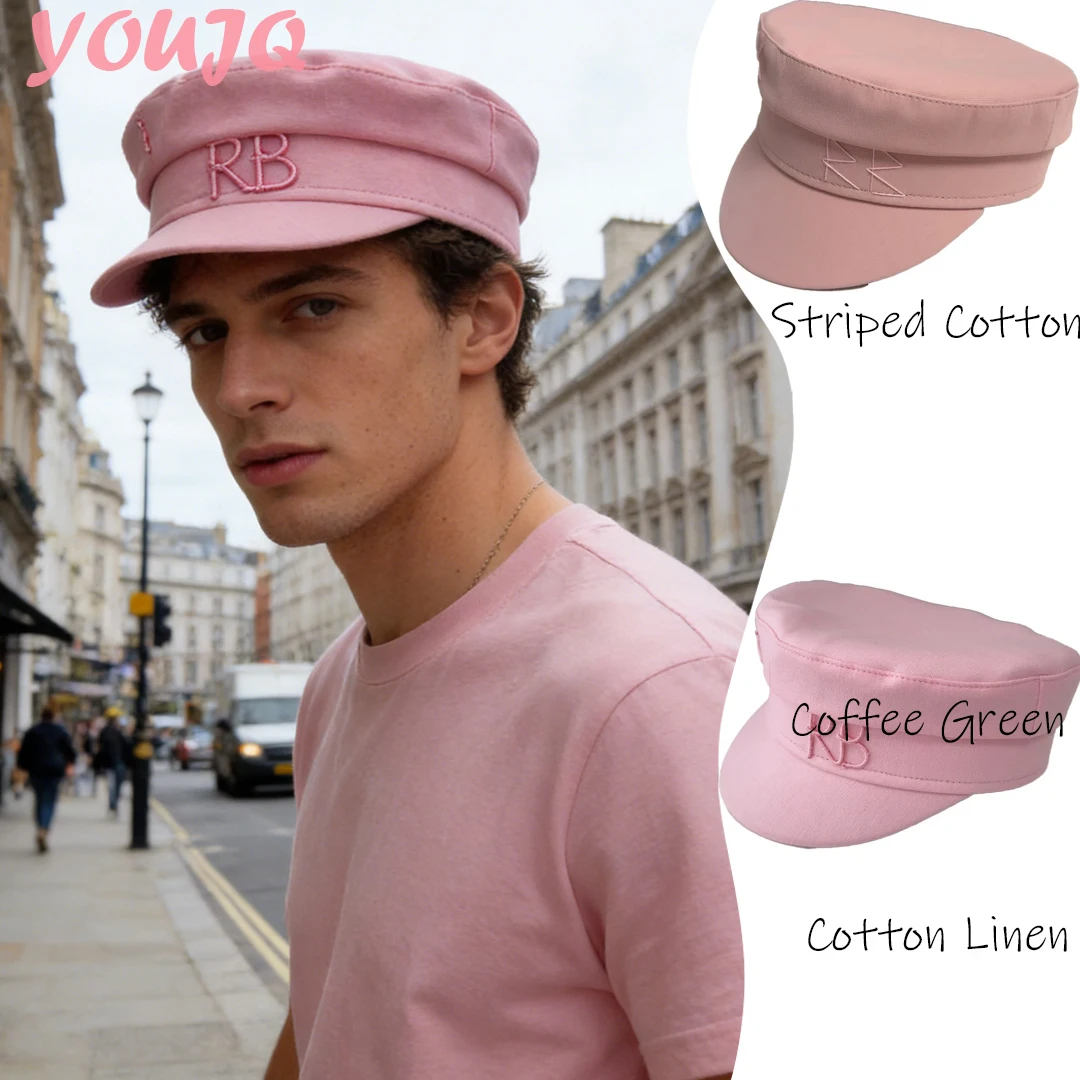 

Pink Monogram-embellished Cotton/Linen Baker Boy Cap Spring Summer Vintage Flat Top Sun Cap Artist Caps for Women Gorras