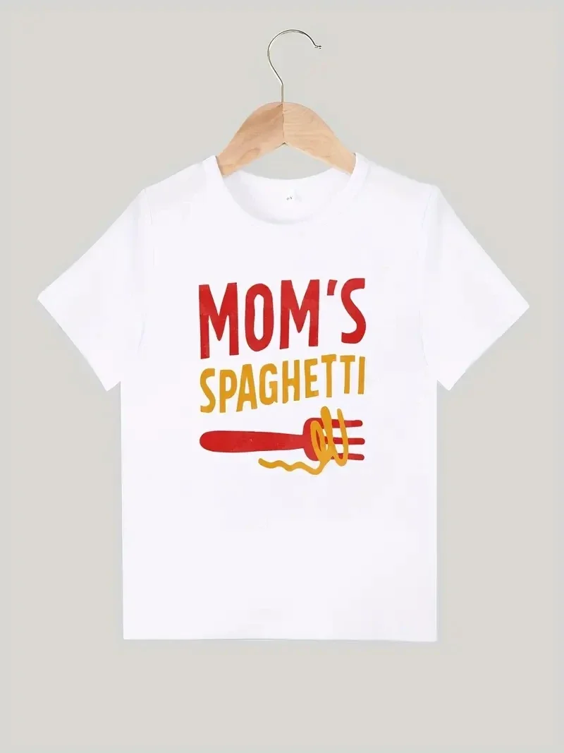 

Casual Trendy Cute "Mom's Spaghetti" Graphic Cartoons Child T-shirt For Boy Girl Tees Shirt Holiday Party Kid Clothes