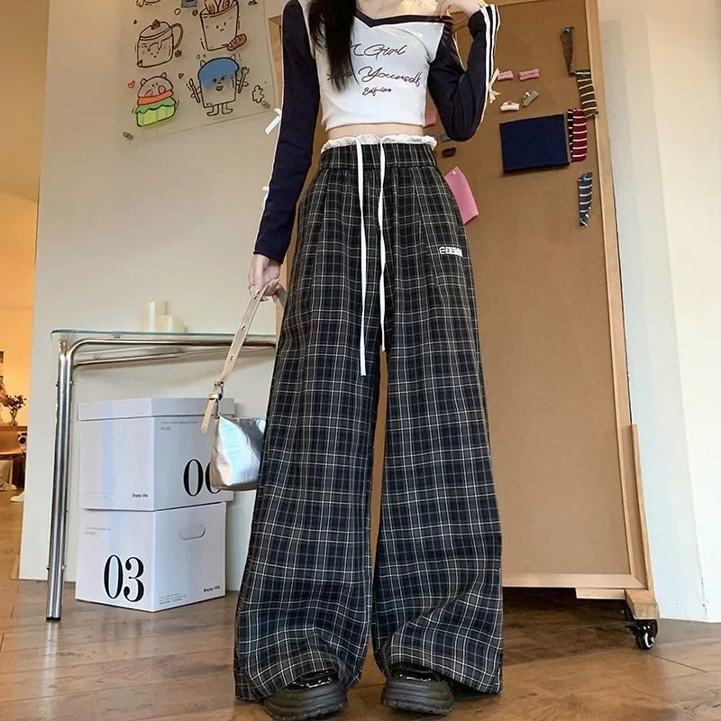 بنطال أمريكي عتيق منقوش بأرجل واسعة، عالي الخصر للربيع/الصيف، فضفاض، كاجوال، مستقيم الساق، بطول الأرض