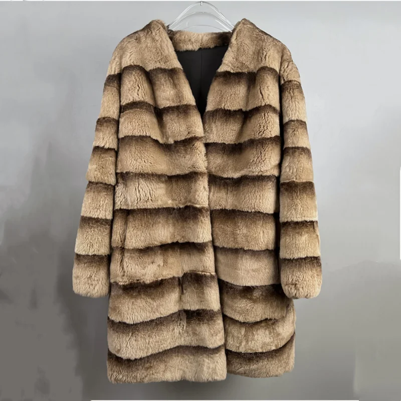 2025 nuevo abrigo de piel de conejo lontra para mujer, piel de conejo Rex Natural auténtica, ropa de mujer a rayas, chaqueta cálida de tendencia para invierno para niña