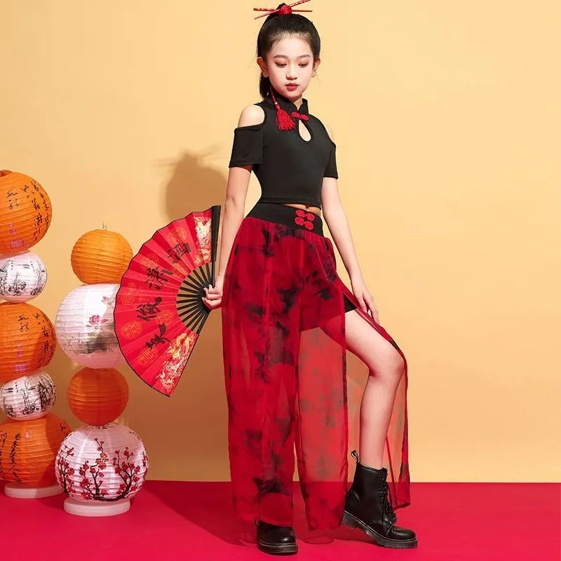 2025年子供向けトレンドガールパフォーマンスコスチューム　クリエイティブキッズチャイニーズダンスコスチューム3点セット　女の子ダンスユニフォーム-li279